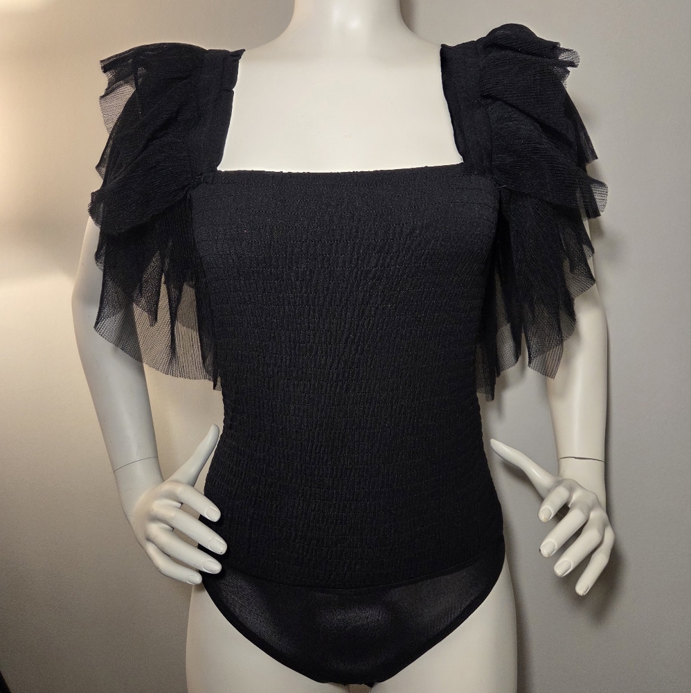 Elegant Black Tulle Ruffled Women's Bodysuit